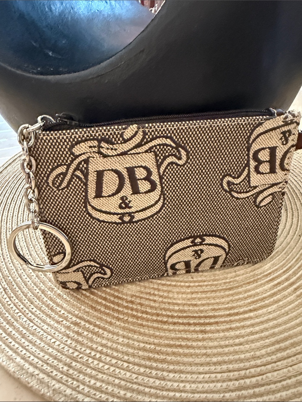 Dooney & Bourke Vintage Beige and Brown Logo Jacquard Pouch w/KeyRing & D Ring